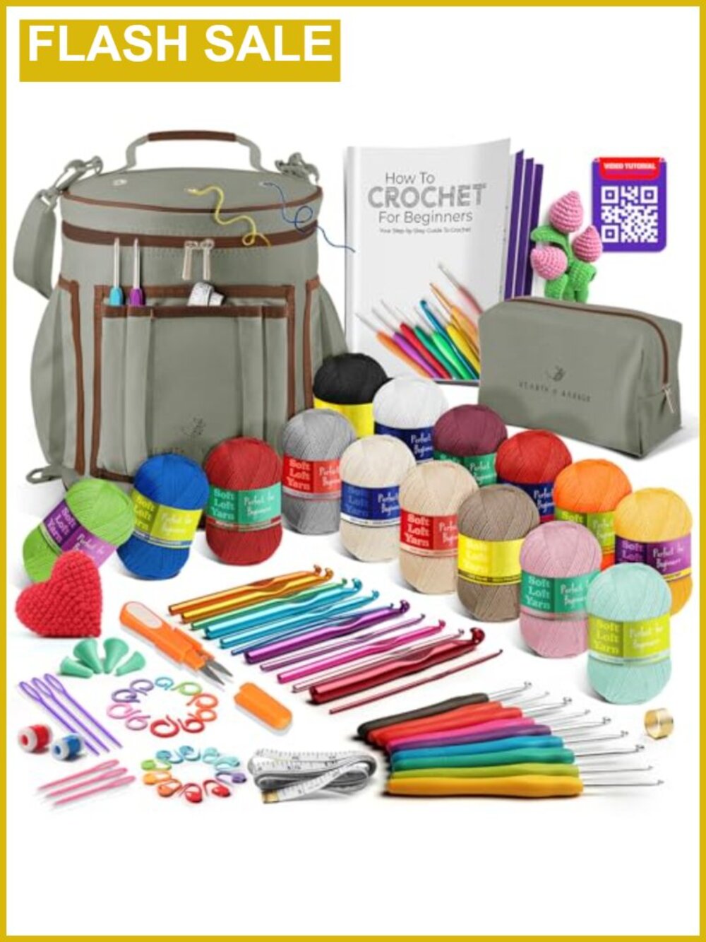 Hearth & Harbor Crochet Kit for Beginners Adults Kids 15 Yarn Skeins Hooks Bag